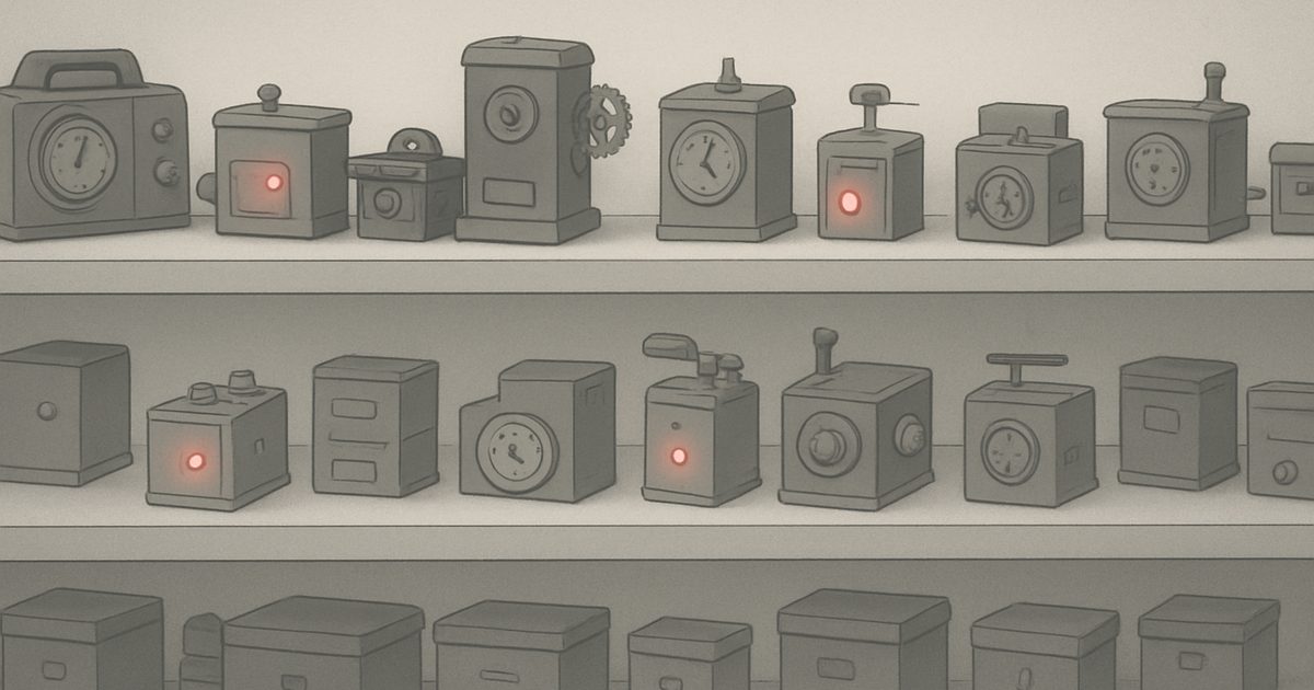 A storeroom of old mechanical automation boxes, most of them dormant and a few still quietly running, standing for the forgotten Workflow Rules and processes still live in a Salesforce org