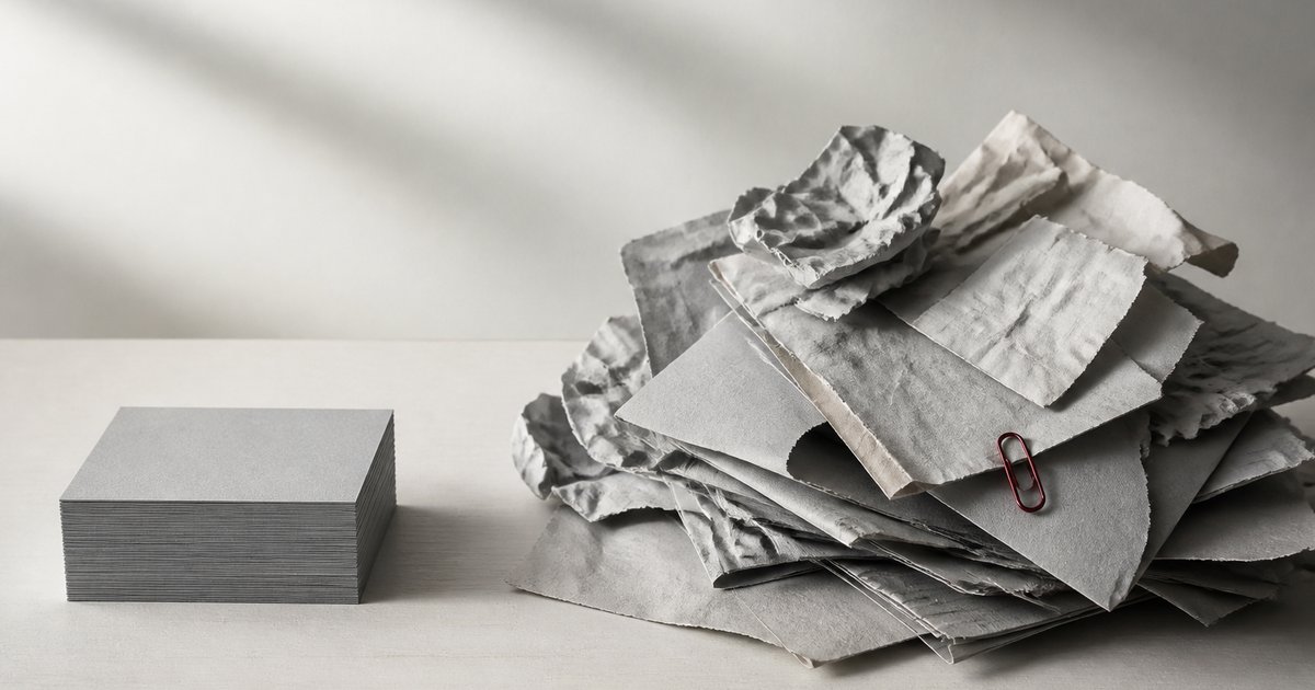 Neat stack of grey index cards beside a heap of crumpled papers and envelopes, showing structured versus unstructured input for automation