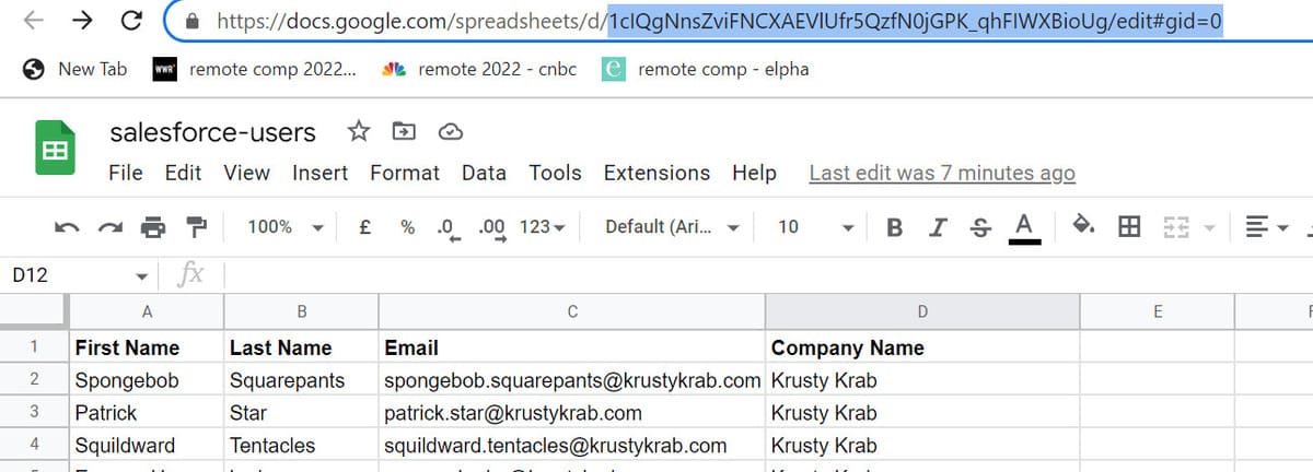 Google Sheets spreadsheet showing contact data prepared for Salesforce import, including names, email addresses, and company fields before bulk loading.