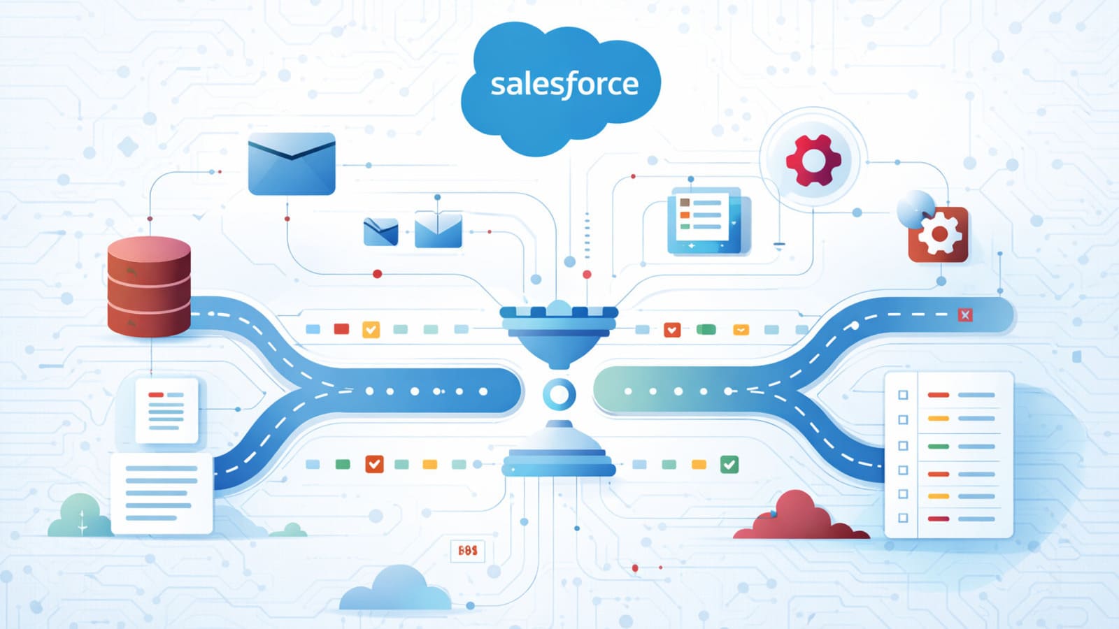 Salesforce data flowing through an automated integration pipeline with connected systems, validation steps, and operational controls