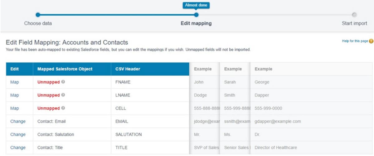 Salesforce Import Wizard field mapping screen showing CSV columns mapped and unmapped to Salesforce account and contact fields before import.