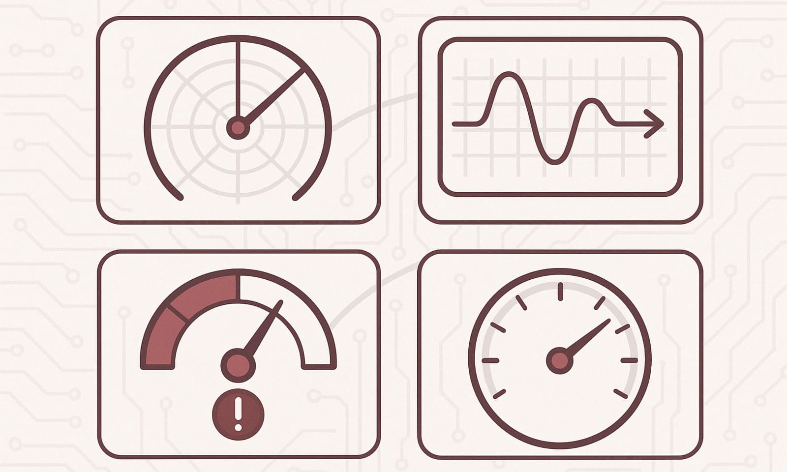 Dashboard-style illustration showing four sensor panels each labeled with one of the four audit questions with radar sweeping across each panel