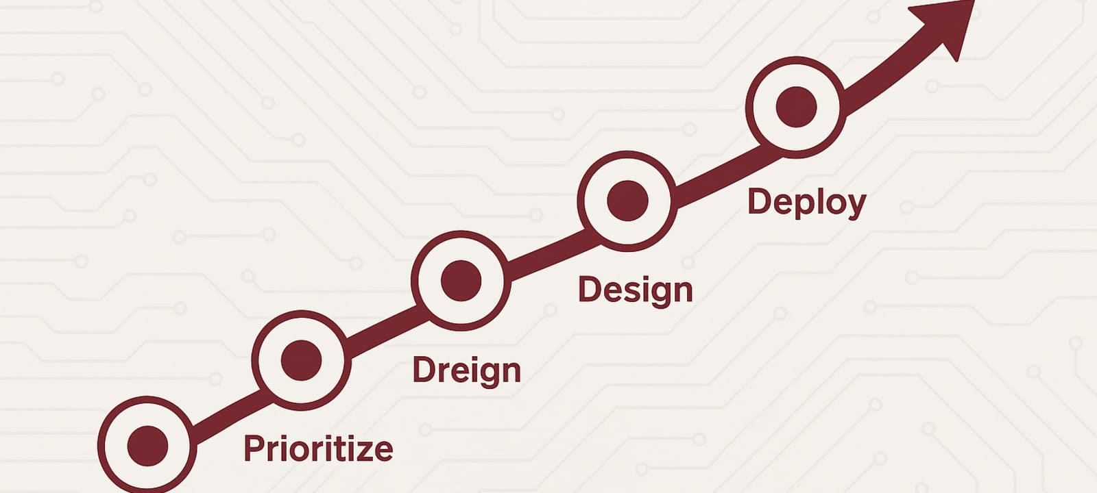 Roadmap warp-speed trajectory illustration showing phases Discover Prioritize Design Deploy Monitor styled like a starship navigation chart