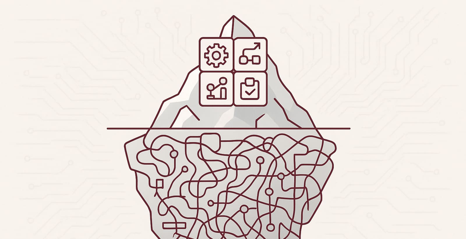 Split panel graphic showing iceberg tip labeled what leadership sees and the submerged portion labeled manual workarounds shadow IT Excel rituals and email-driven processes