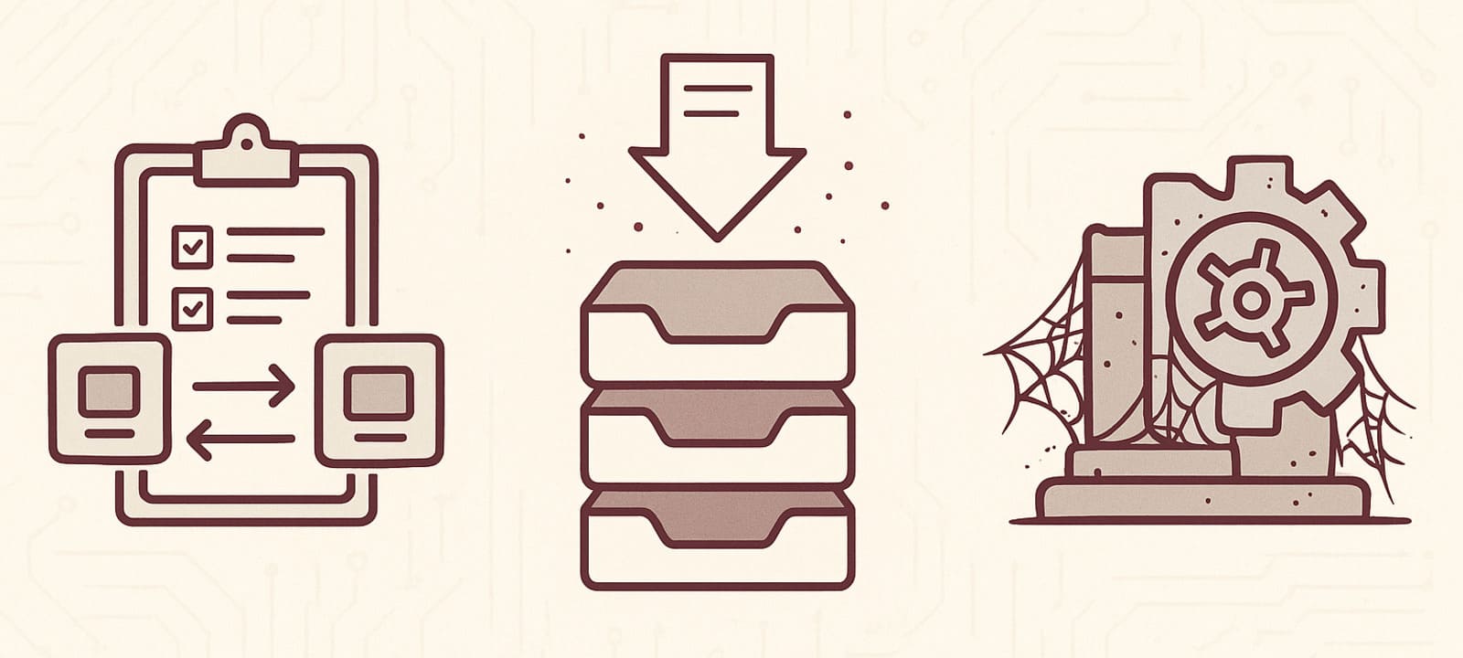 Three illustrated cards in a sci-fi scanner aesthetic depicting the three manual work types: copy-paste rituals, approval black holes, and legacy processes with cobwebs