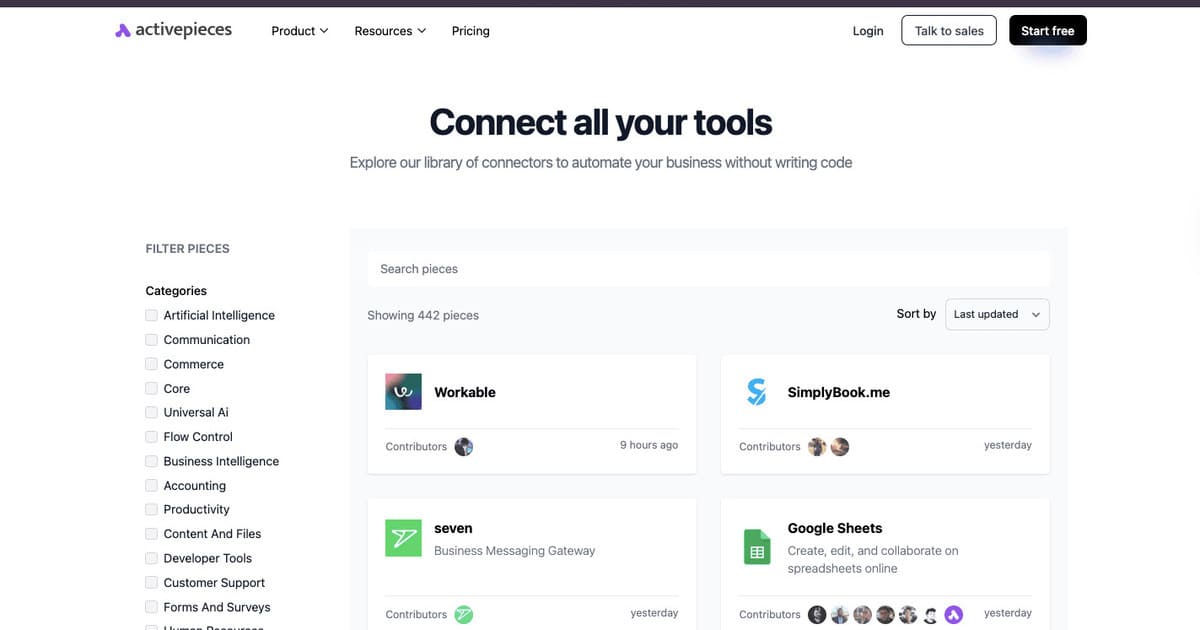 Activepieces automation builder interface for lightweight marketing workflows