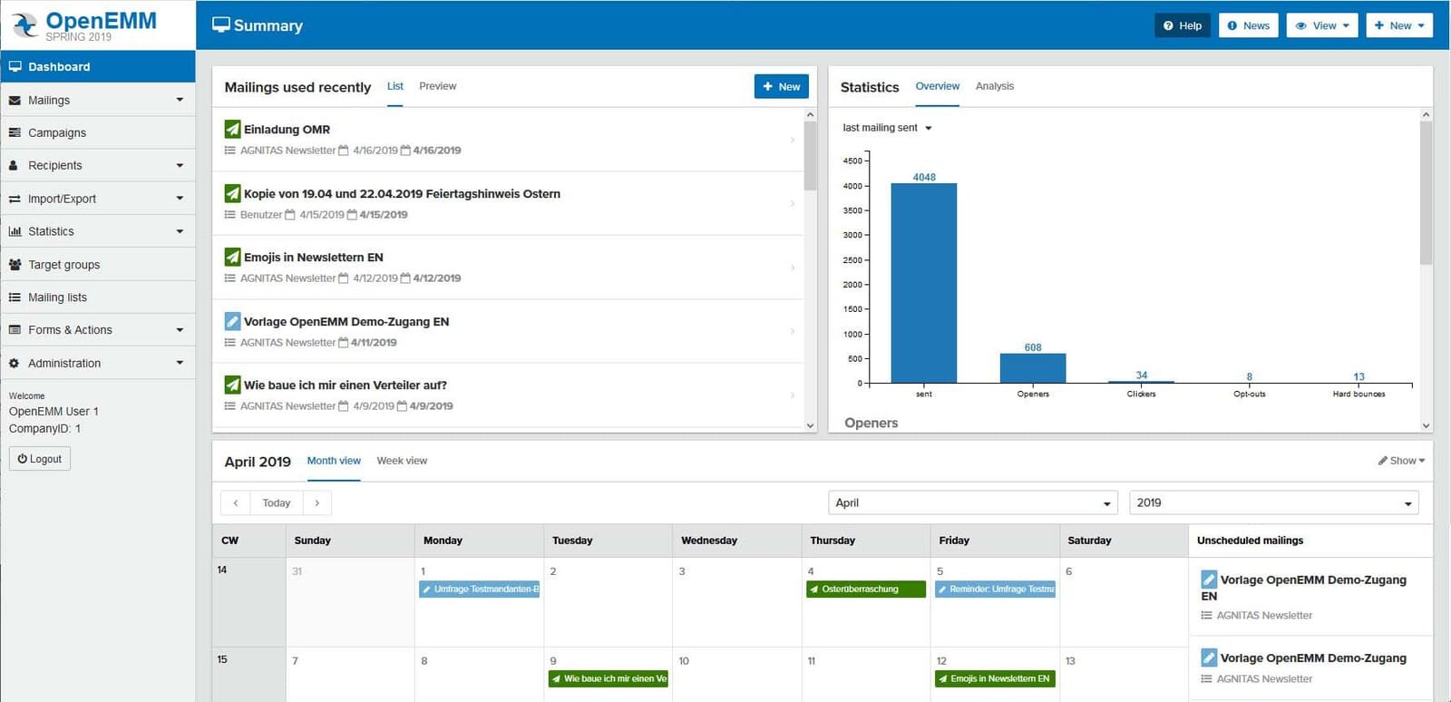 OpenEMM email marketing dashboard showing campaign and list management