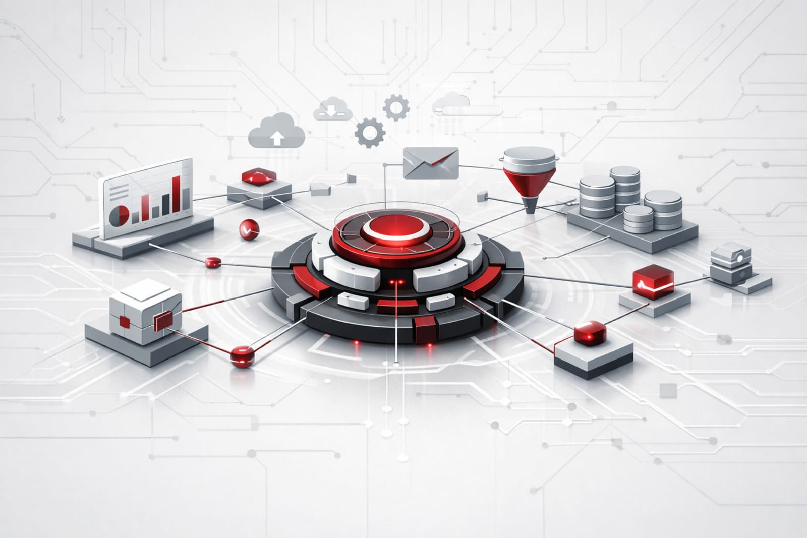 open-source marketing automation showing a central orchestration core connected to multiple systems by data flows