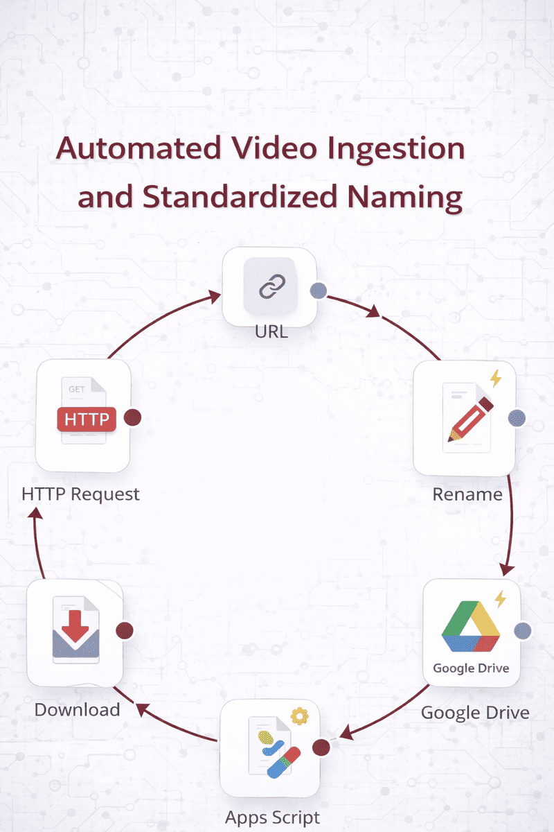 automated video ingestion, renaming, and organization in Google Drive for a marketing agency using n8n and Google Apps Script