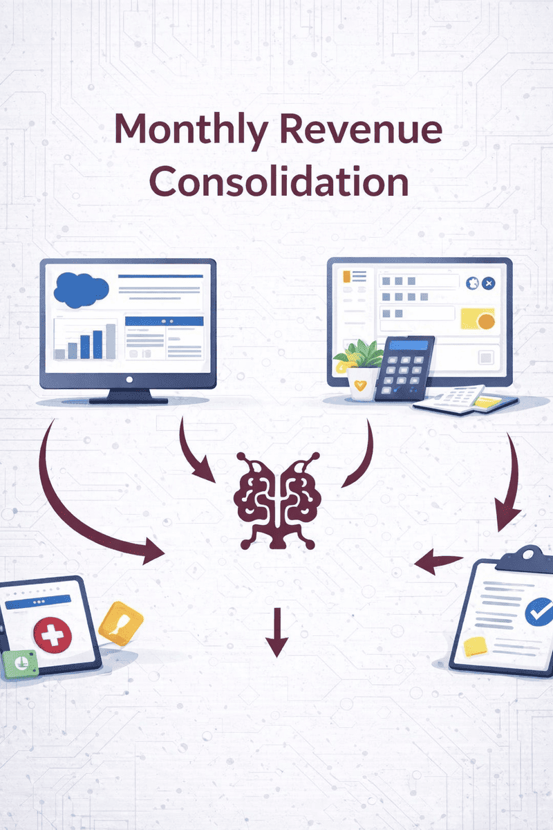 AI-driven revenue consolidation workflow connecting CRM, accounting systems, 
                                          and financial data into a single automated reporting process