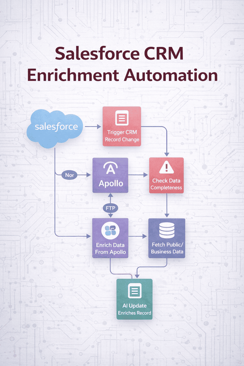 Salesforce CRM enrichment automation diagram showing automated data enrichment using AI, Apollo, and connected workflows