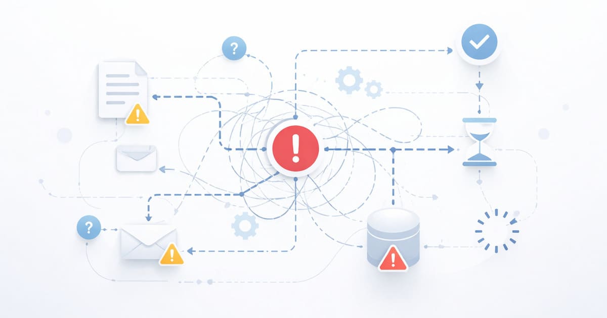 workflow diagram showing operational friction, decision bottlenecks, and system-level delays