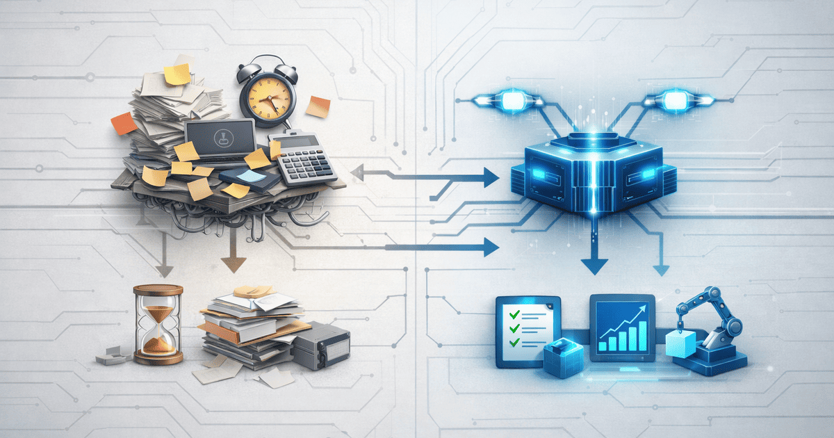 Abstract back-office automation illustration showing manual administrative chaos transforming into streamlined AI-powered workflows with clean system flow on a light circuit-style background