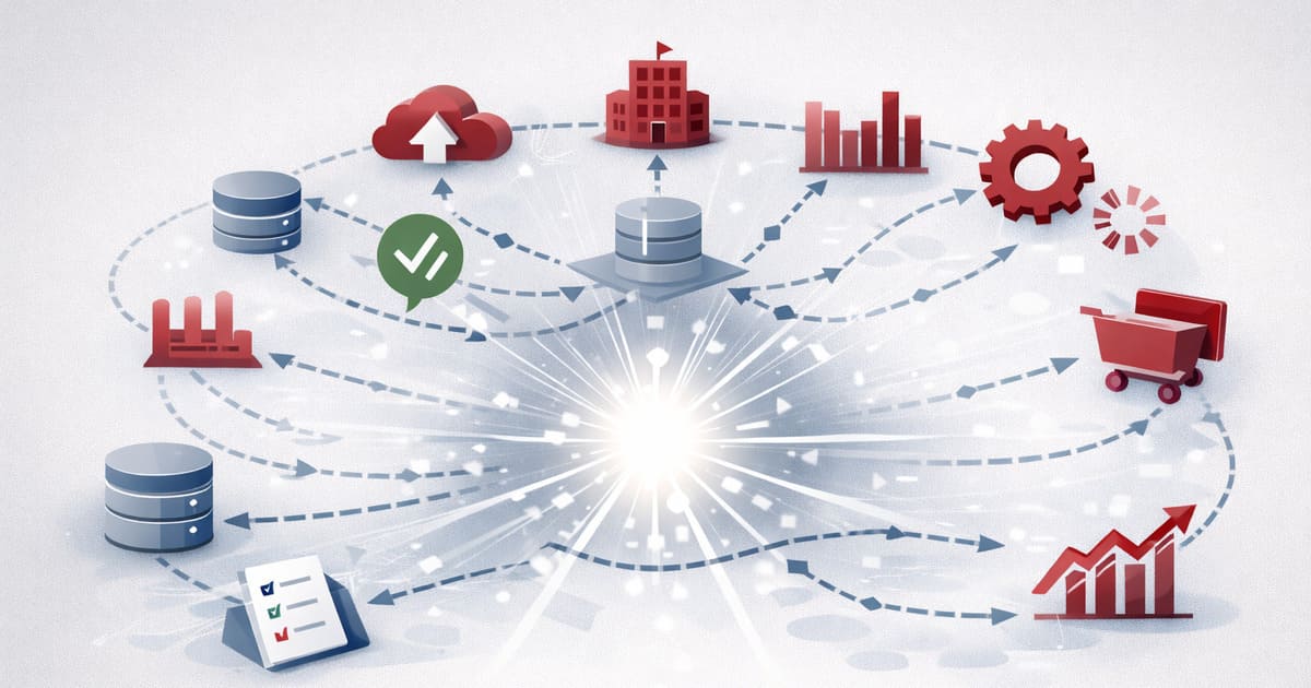 diagram showing automated systems coordinating data and actions across integrated platforms with stable execution flow