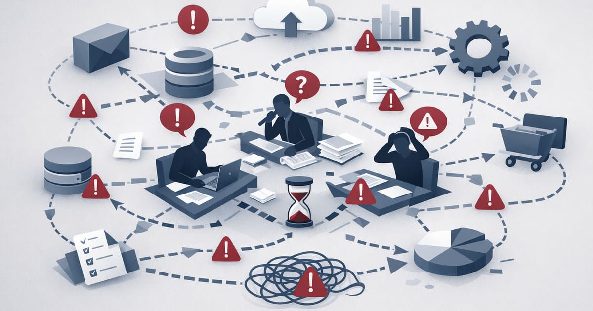 workflow diagram showing human intervention points disrupting automated system