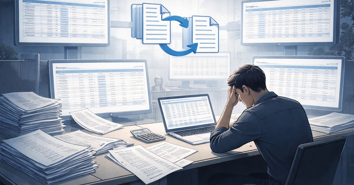 analyst surrounded by duplicated spreadsheets and multiple screens, repeatedly copying data between reports