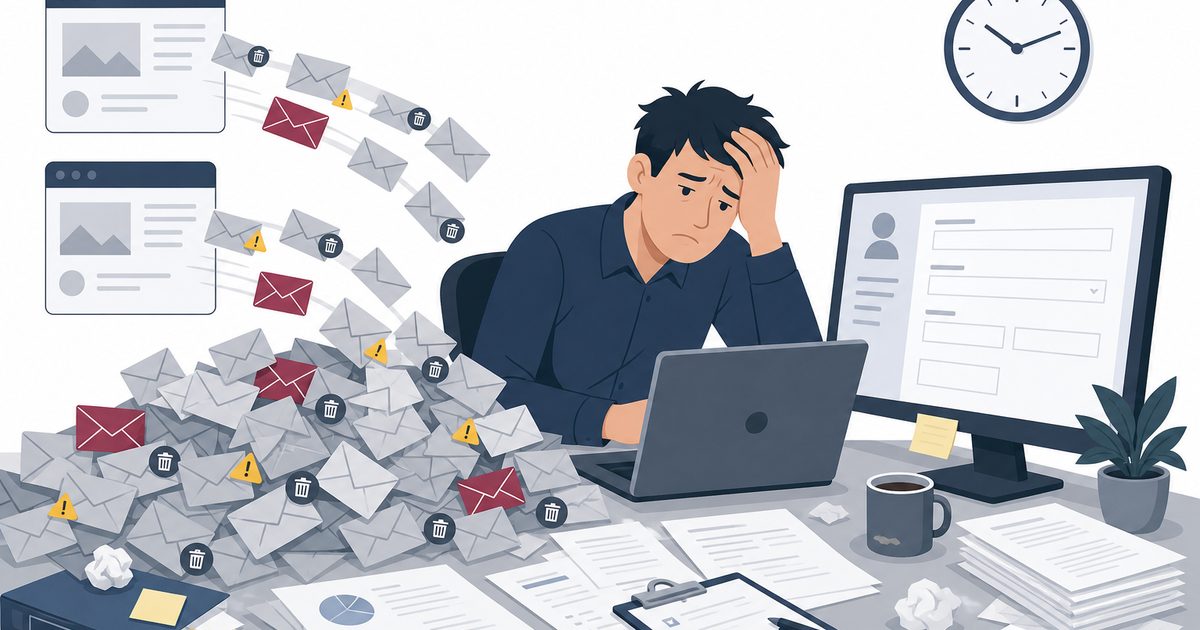 Office worker overwhelmed by contact form spam mixed with real enquiries from two websites before AI lead qualification