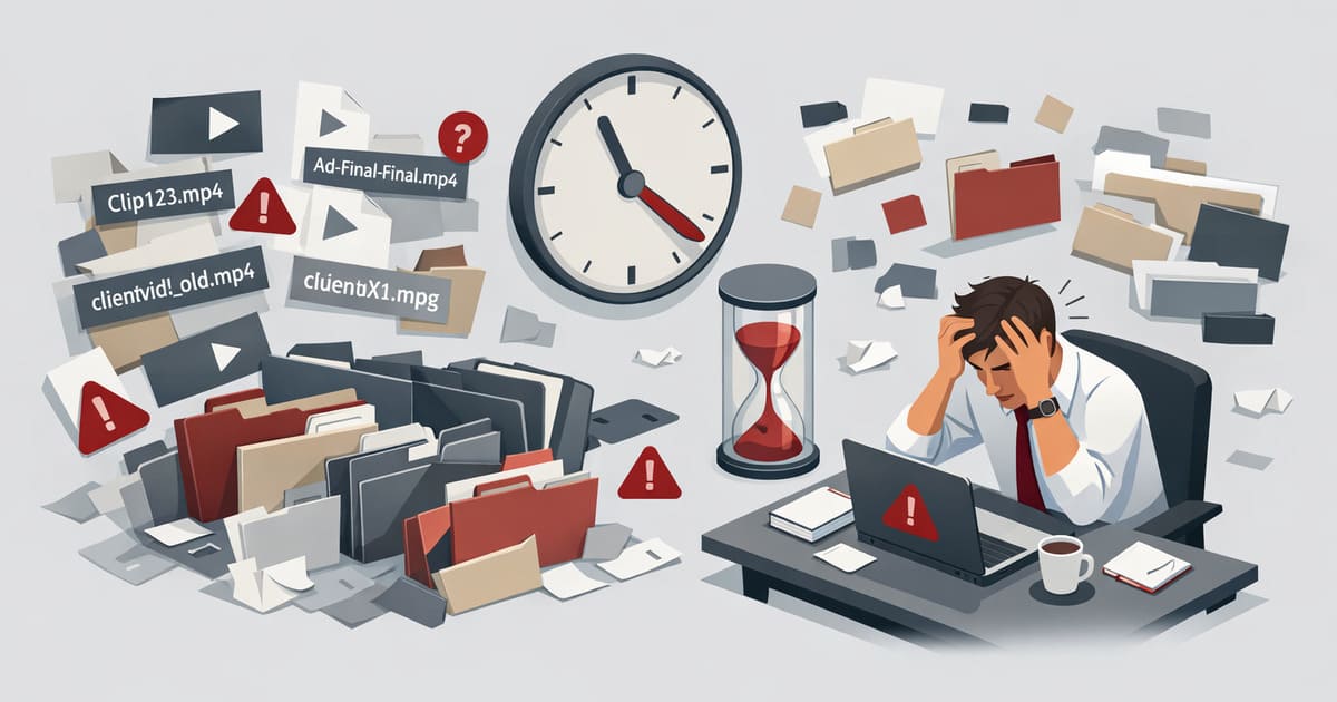 marketing professional surrounded by scattered video files, inconsistent filenames, and messy folders