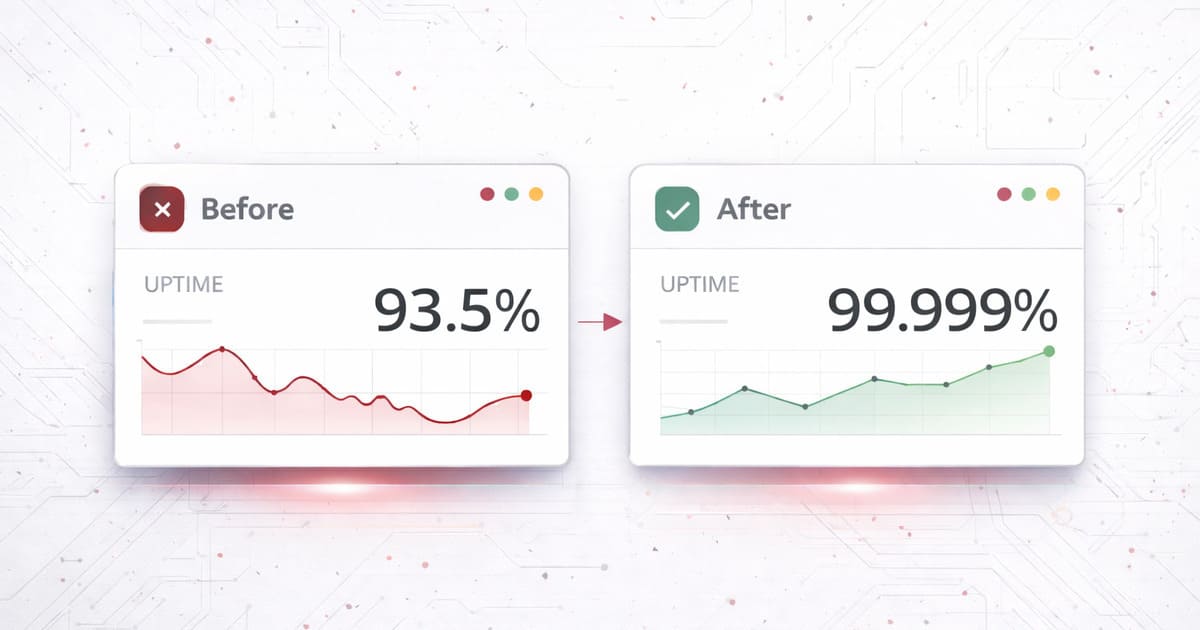 Before and after uptime dashboard showing improvement from 93.5% uptime to 99.999% through automation.